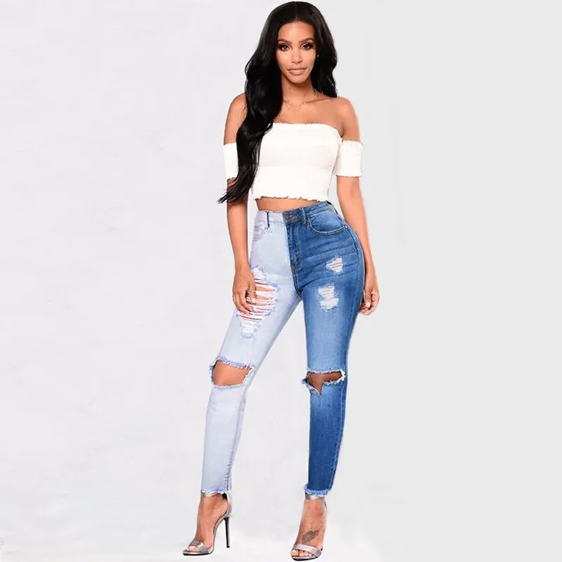 Namorado skinny patchwork jeans de dois tons para mulheres cintura alta rasgado jeans calças jeans calças aesthetic branco azul mais tamanho 210203