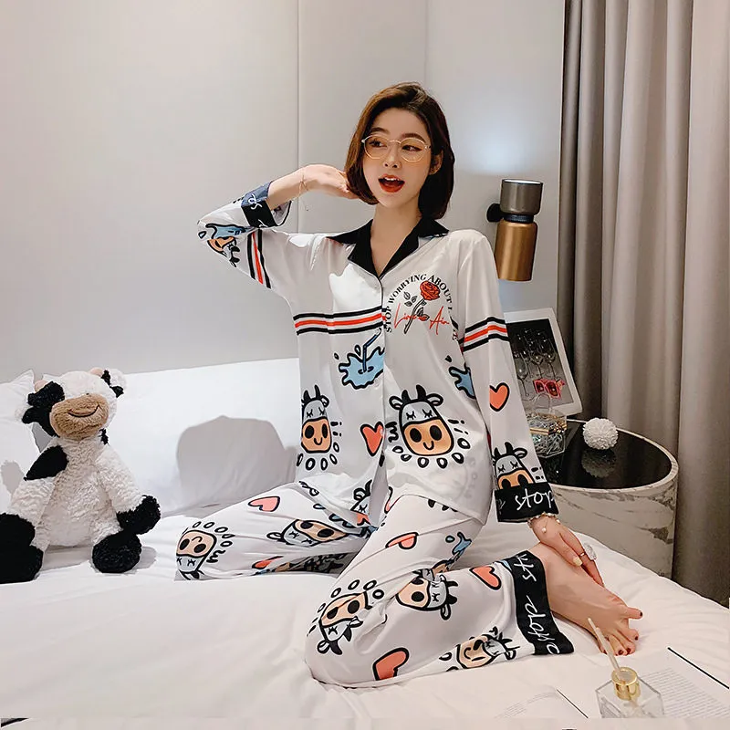 Cute Cow Print Pajama Set Imitation Silk Pajamas Suit Comfortable