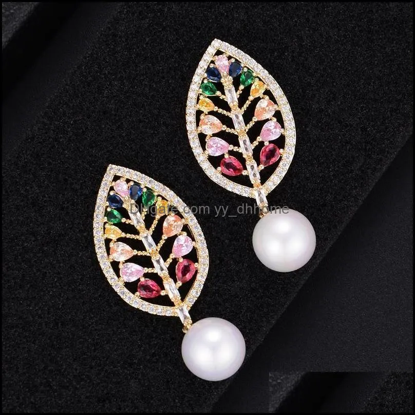 Stud Fashion Big Leaves Pearl Pendant Full Cubic Zirconia Earrings For Women Girls Accesorios Mujer 2021 Luxury Jewelry