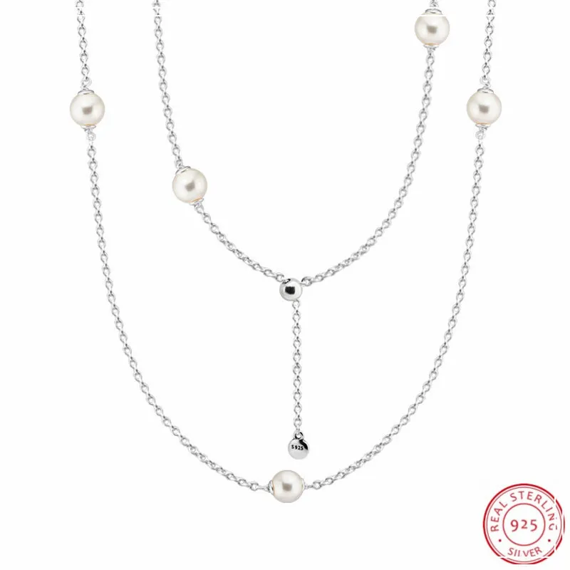 Luminous Dainty Droplets 80cm Adjustable Long Necklaces Pendants for Women Silver 925 Jewelry White Crystal Pearls FLN037 Q0531