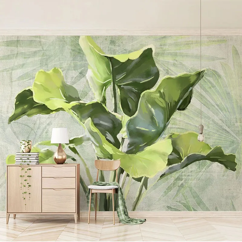 Europeisk stil retro grön blad väggmålning tapet 3d handmålade växt oljemålning bakgrundsvägg dekor vardagsrum tv fresker
