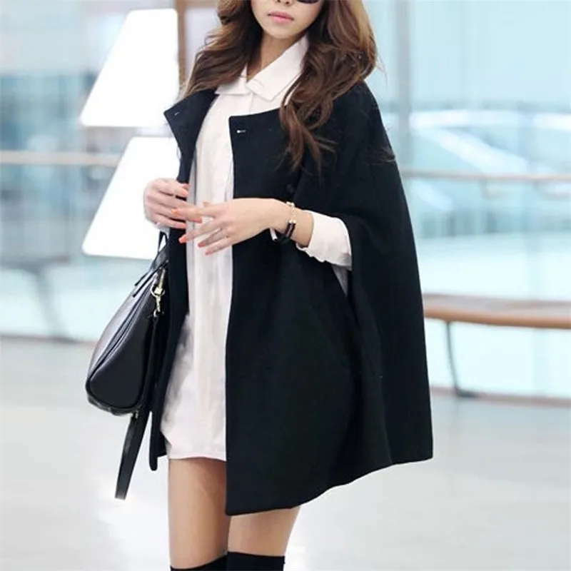 Black Round Collar Double Breasted Cloak Coat Women Elegant
