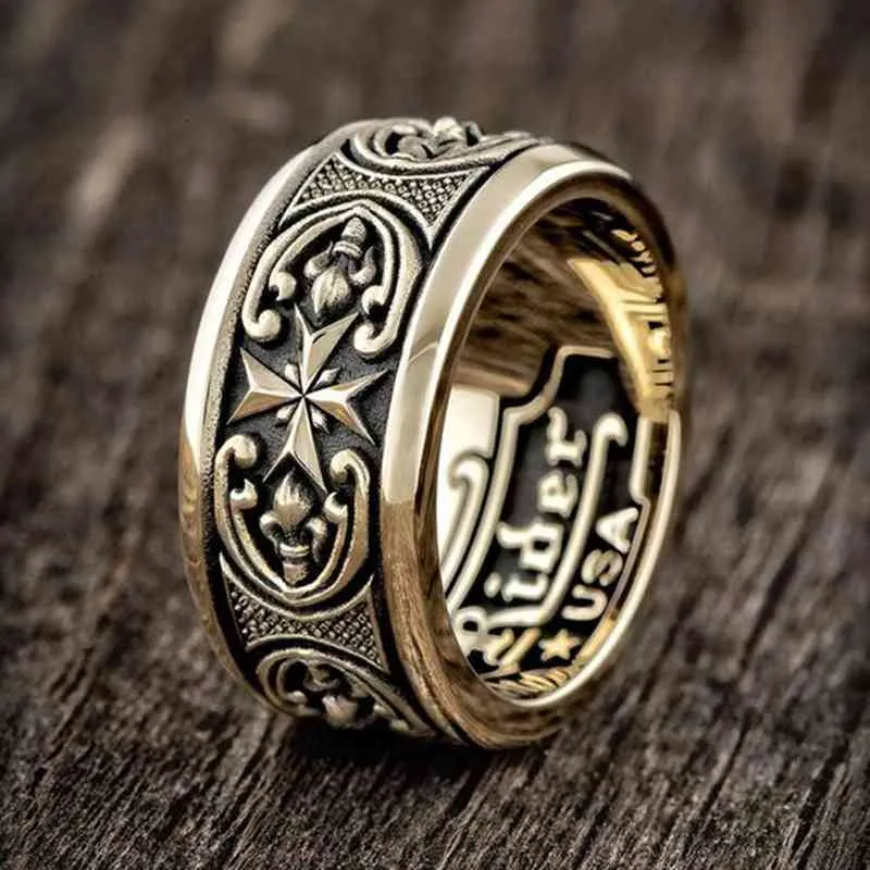 Oferta Vintage Ancient Golden Color Carved Pattern Geometric Men Eloy Ring For Party Jewelry Accessories Storlek 6-13