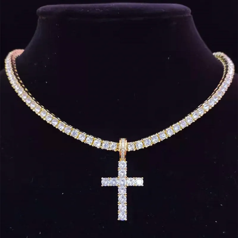 Colliers pendentifs hommes femmes Hip Hop collier croix avec chaîne de tennis en zircon de 4 mm glacé Bg HipHop bijoux cadeau de mode_voghion.com