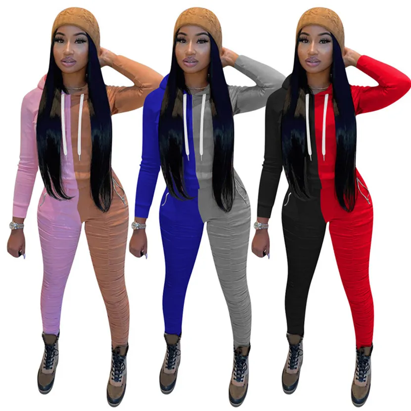 Plus size fall winter Women plain two piece set tracksuit hooded hoodies+stack pants casual panelled Outfits jogger suit clothes 4132