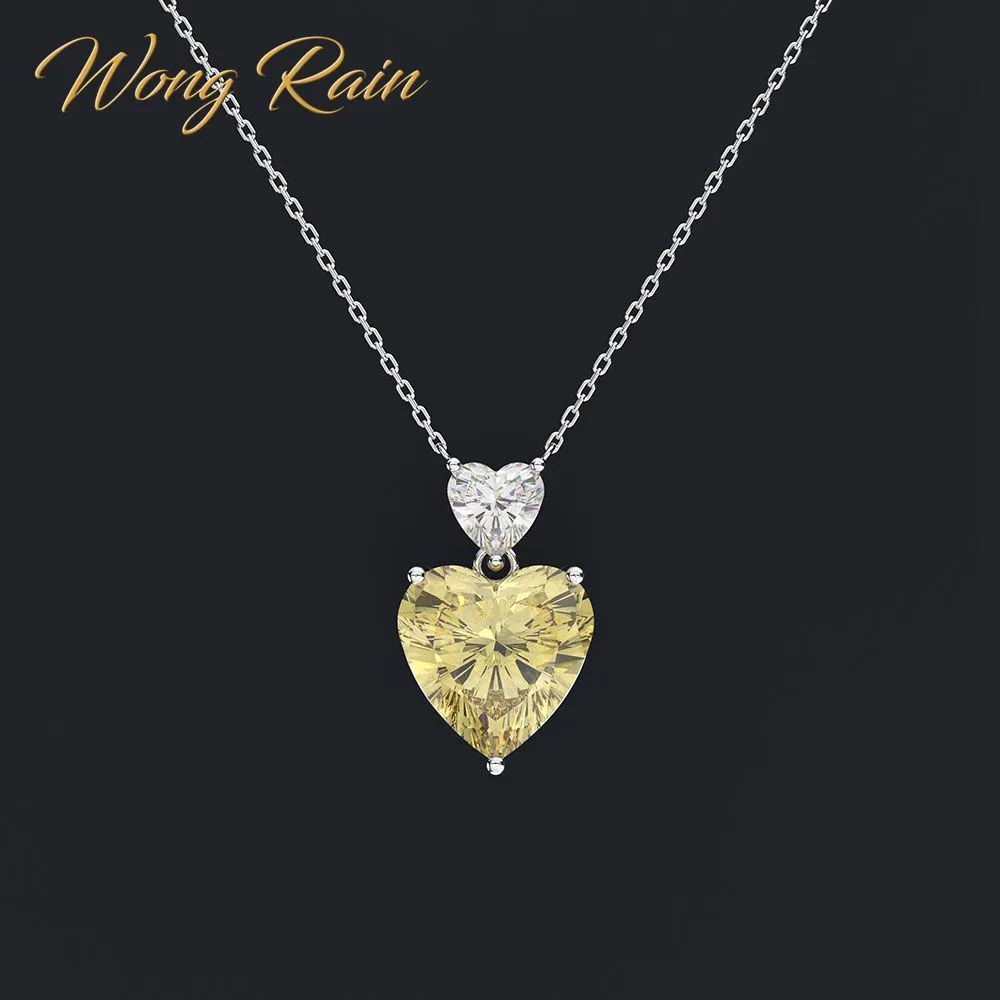 Wong Rain Romantic 100% 925 Sterling Silver Love Heart Moissanite Citrine Sapphire Ädelsten Hängsmycke Halsband Smycken Partihandel Q0531