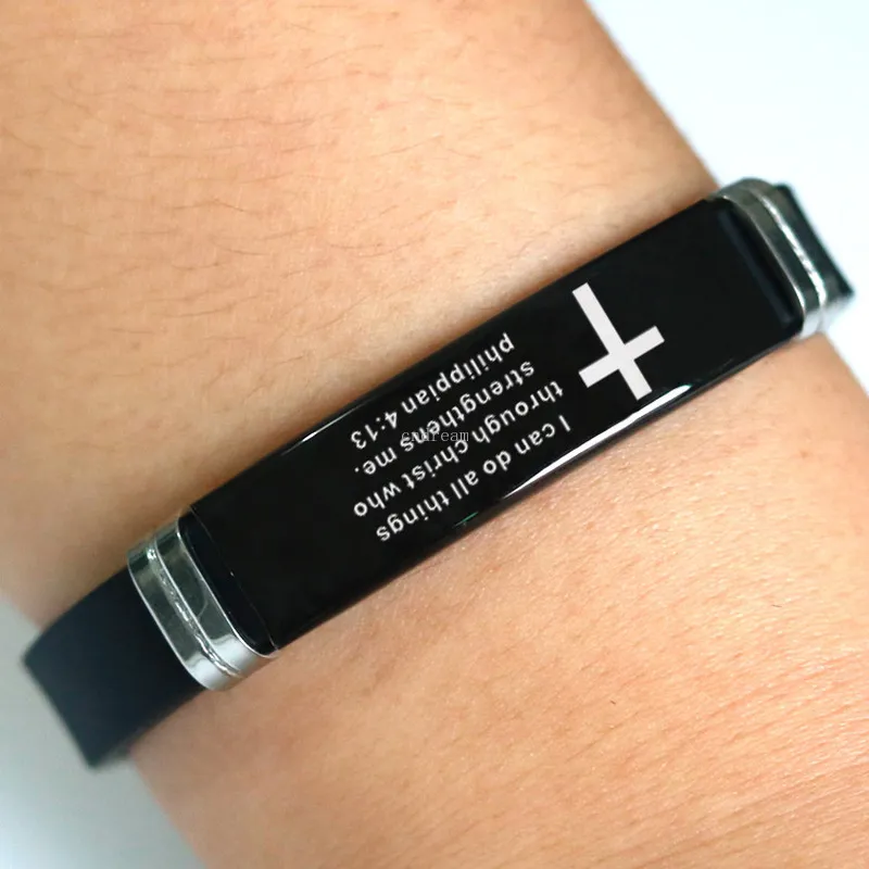 Edelstahl-Buchstaben-ID-Tag, Bibel-Kreuz-Armband, schwarzes Silikon-Armband, Armreif, Manschettenarmband, Damen, Herren, Modeschmuck, Will und sandiges Geschenk