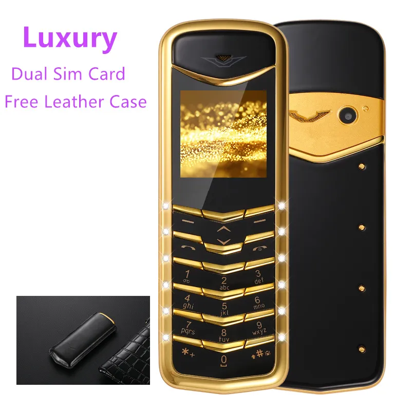 Unlocked Luxus Gold Signature Handys Dual SIM-Karte Mobiltelefon Mini Edelstahl Körper MP3 Bluetooth Metall Keramik Zurück Mobiltelefon