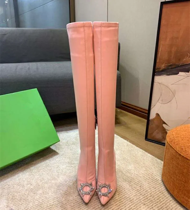 New Sexy Crystal Collar Over the Knee Thigh High Boots Women Pointy Pink Black Suede Cup High Heels Long Boots Party Shoes Woman