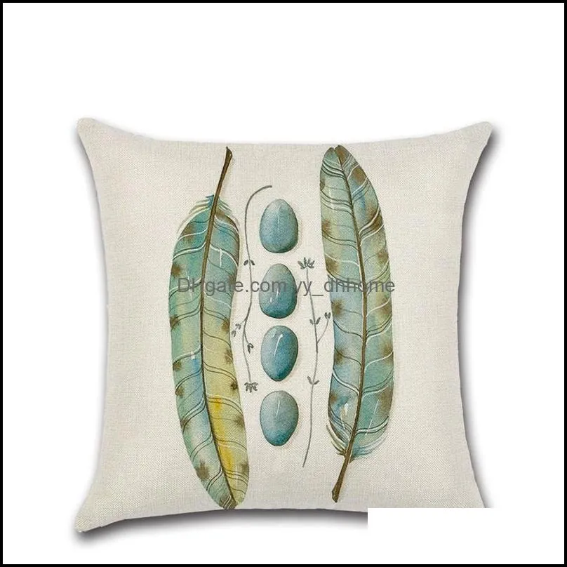 Hand Painting Feather&Stone Cushion Cover Linen Blend Home Office Sofa Square Pillow Case Decorative Pillowcases 45*45CM