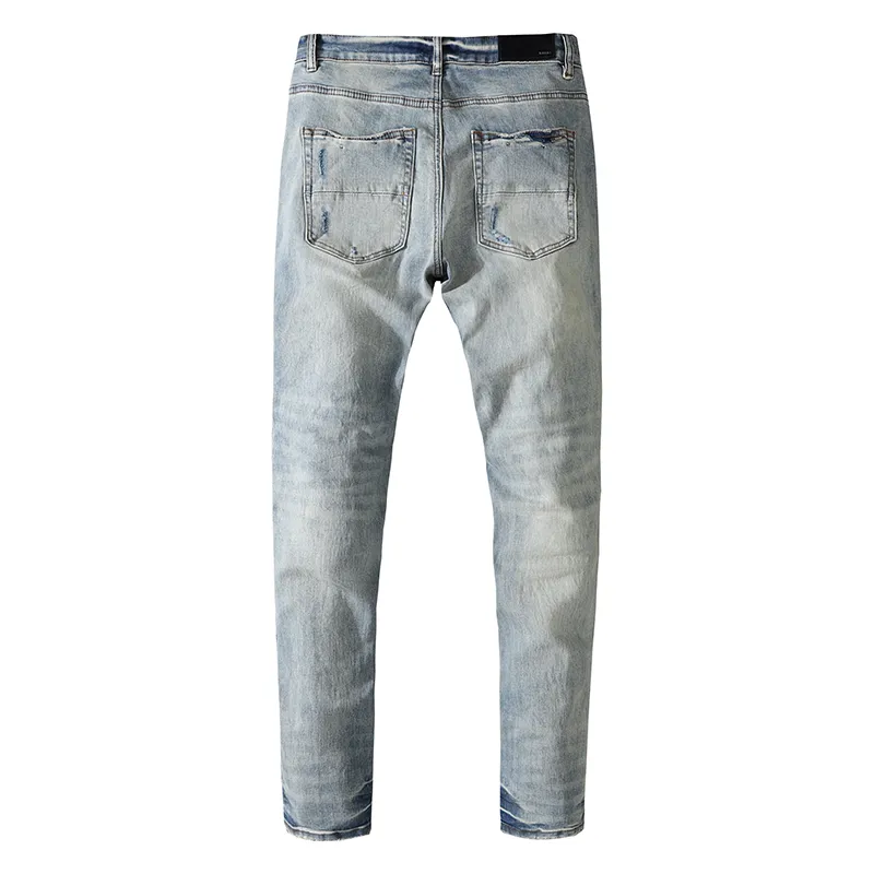 Mens jeans light blue knee cut collage hole water washed elastic pants street fashion cool men`s slim Leggings