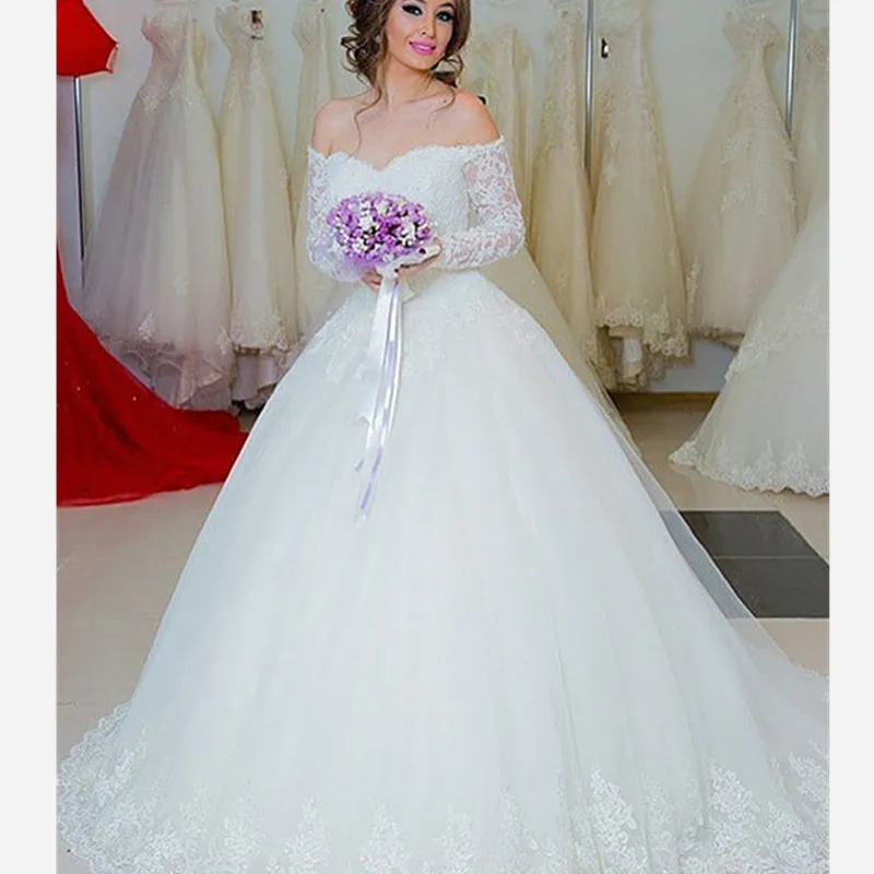 Bateau Ball Gown Abiti da sposa senza spalline Appliqued Paillettes Abiti da sposa in pizzo Custom Made Abiti Da Sposa