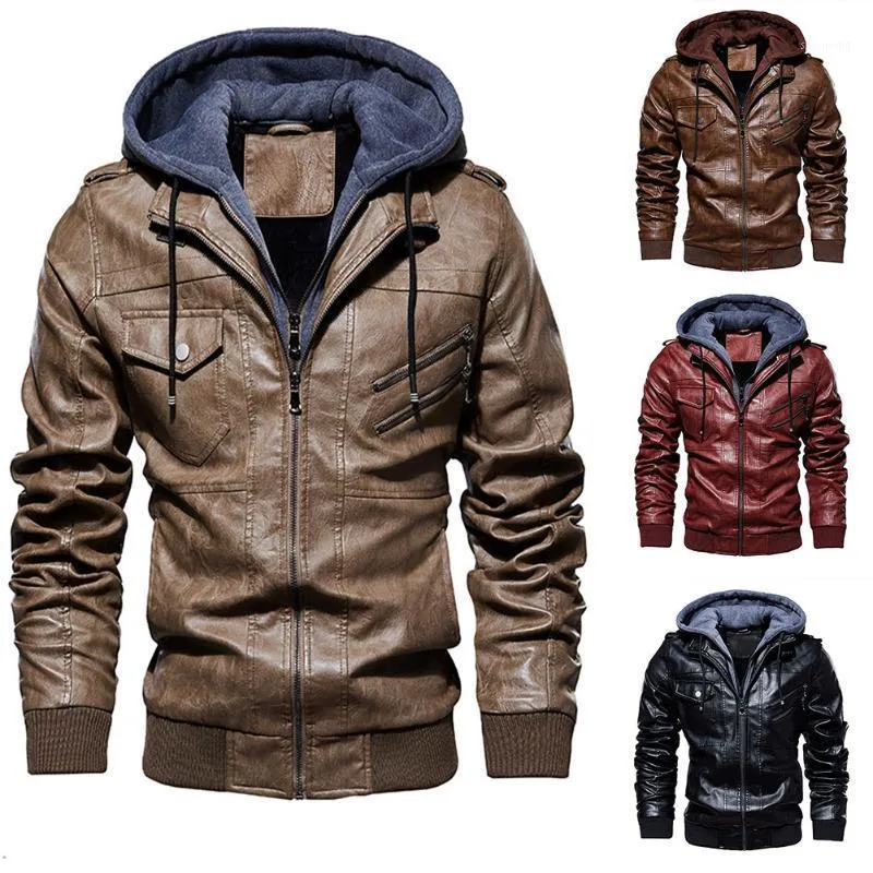 Rennjacken Herren PU-Leder-Outwear Hoodie Motorradmantel Biker-Stil für Herbst Winter Warm B2Cshop1