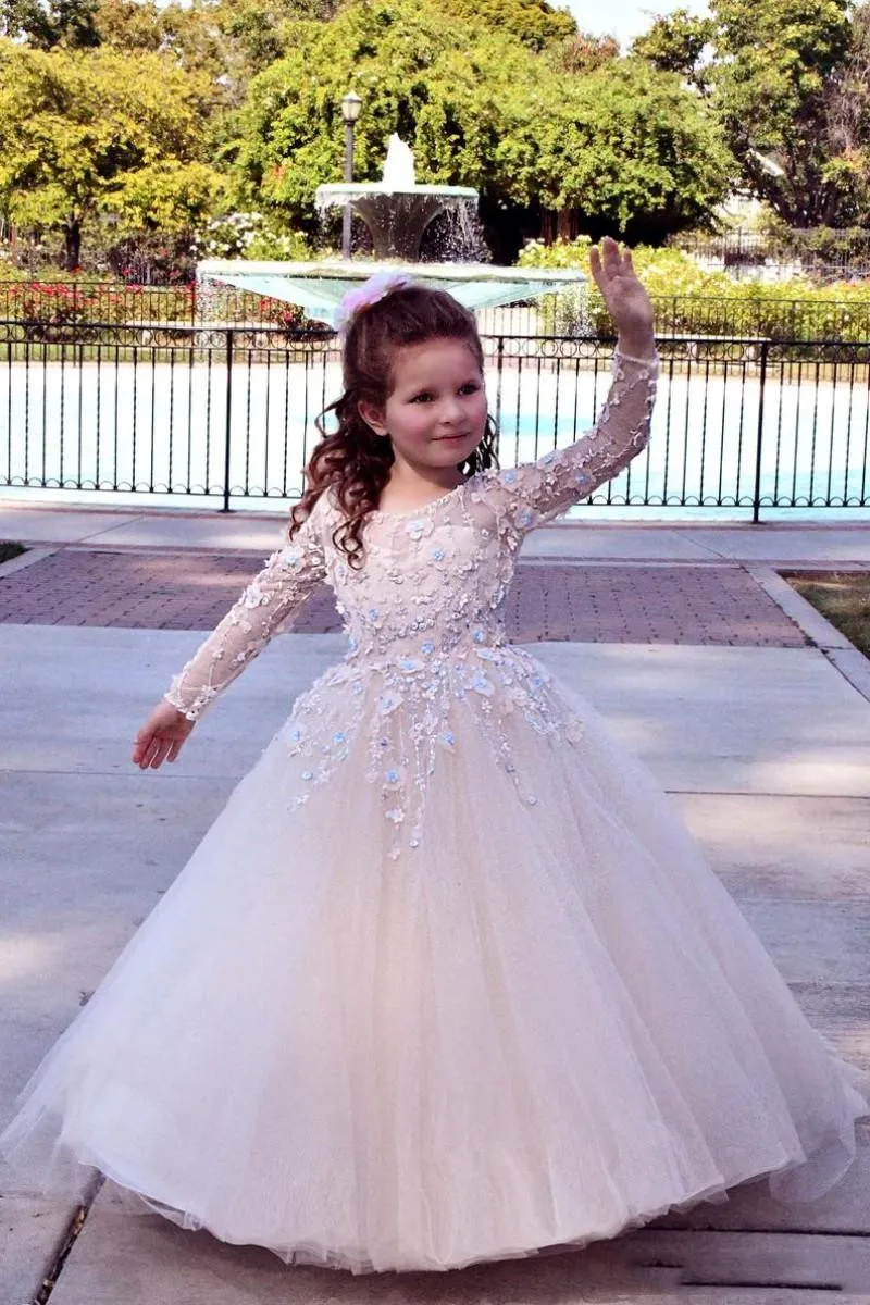 2020 Beautiful Flower Girls Dresses Jewel Sleeveless Hand Made Flowers Beads Lace A Line Prom Dresses Knee Length Kids Formal Wear