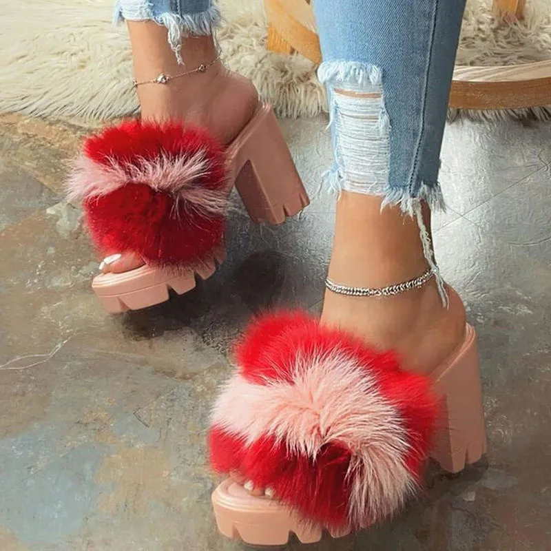 Woman Fury Slippers Furry Slides Pumps High Heels Platform Women Party Square Fur Furry Sandals White Red 2020 X1020