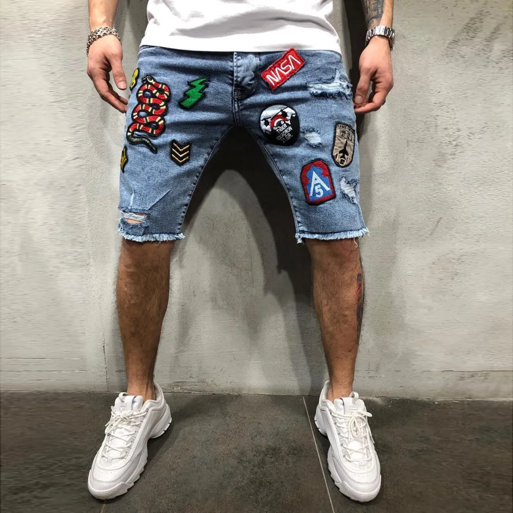 Mens Knee Length Denim Shorts With Funny Print Perfect For Summer