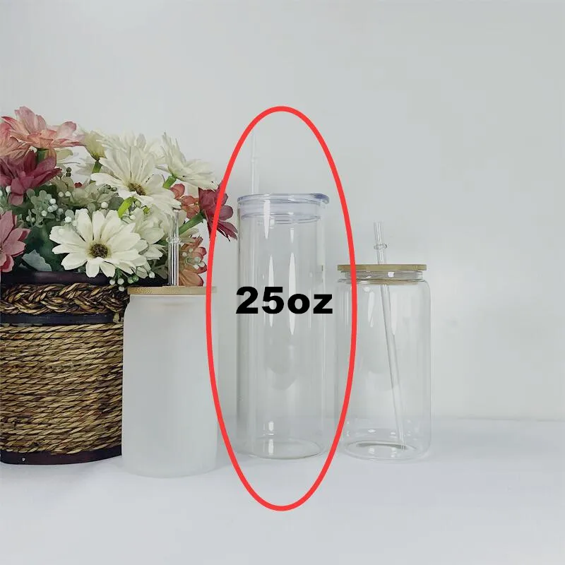 Sublimación de 25 oz Vasos de cerveza esmerilados transparentes rectos con tapas Pajitas de plástico 750 ml Botellas de agua en blanco blancas DIY Transferencia de calor Vasos de vino por aire A12