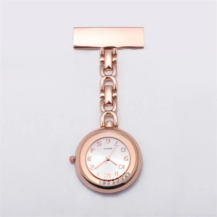 Verpleegster Horloges Clip-on FOB Pocket Clock Rvs Revers Pin Broche Topkwaliteit Rose Gold Diamond Crystal Nursing horloge