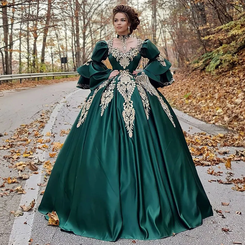 Vintage prinses kant geappliceerd prom jurken lange mouwen sweetheart nek avondjurken corset terug sweep trein satijn formele jurk