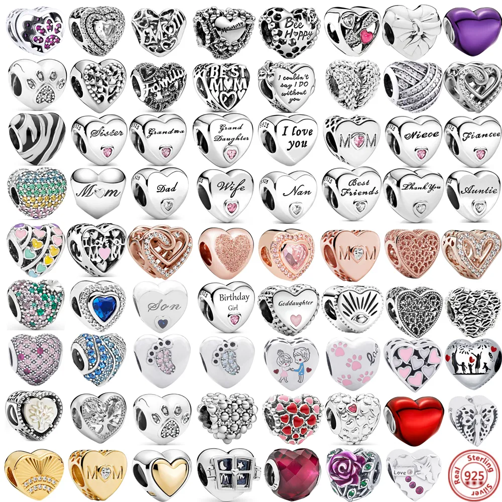 925 Sterling Silver Angel Mom Family Heart series Shine Beads Fit Pandora Charms Bracelets Women DIY fashion Jewelry