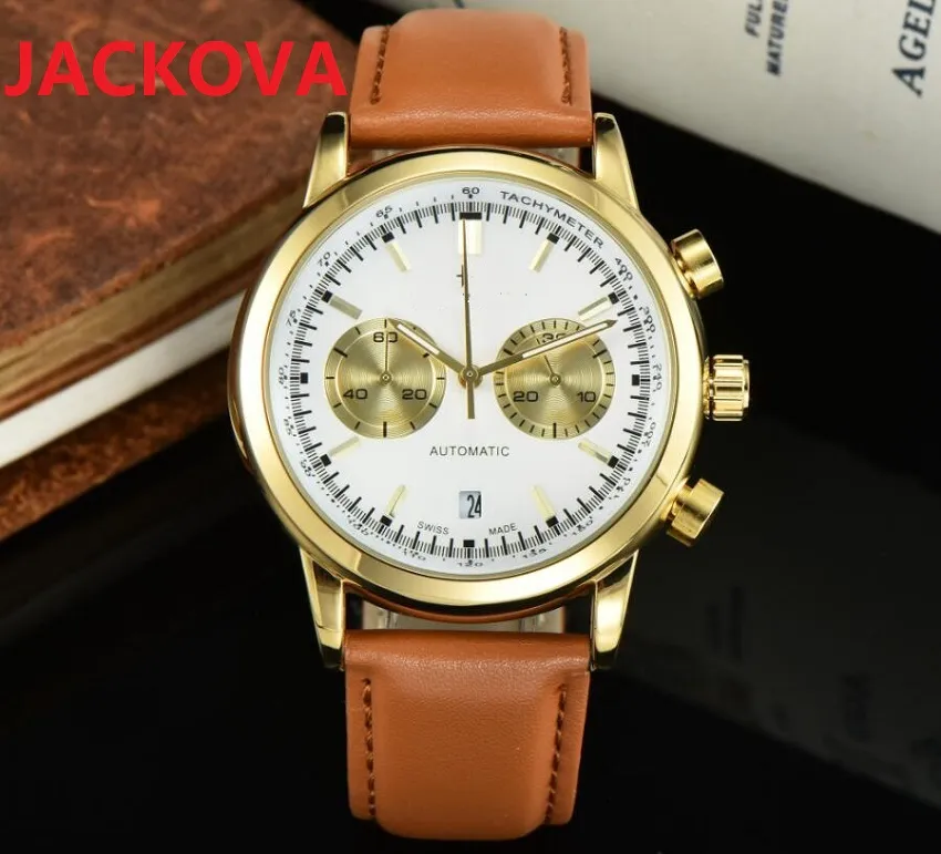 Dwa oczy Sub Dial Work Mens Full Funkcjonalne Zegarki Kwarcowe Skórzane Szafir Wodoodporny Kalendarz Luxury Moda Klasyczne Wodoodporne Mężczyźni Daydate Wristwatch