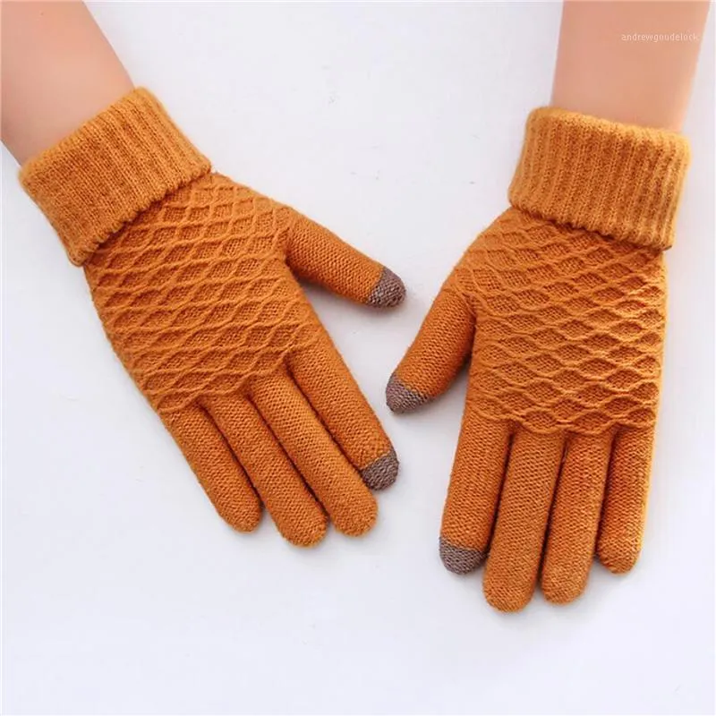Five Fingers Gloves 2021 Winter Fashion Ladies Touch Screen Cute Cartoon Bear Print Wool Knitted Full Finger For Girls Christmas Gifts1