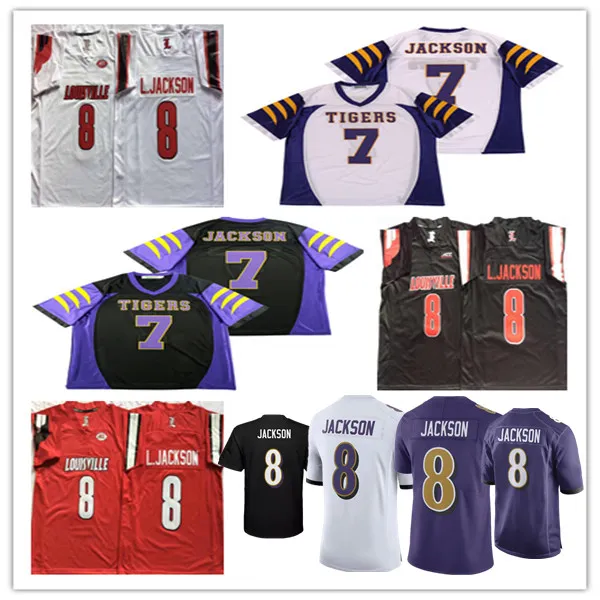 Maglia da uomo LAMAR JACKSON 7 HIGH SCHOOL Tigers FOOTBALL JERSEYS Stitched College Louisville 8 Jackson 5 Bridgewater Jersey Rosso Nero Bianco