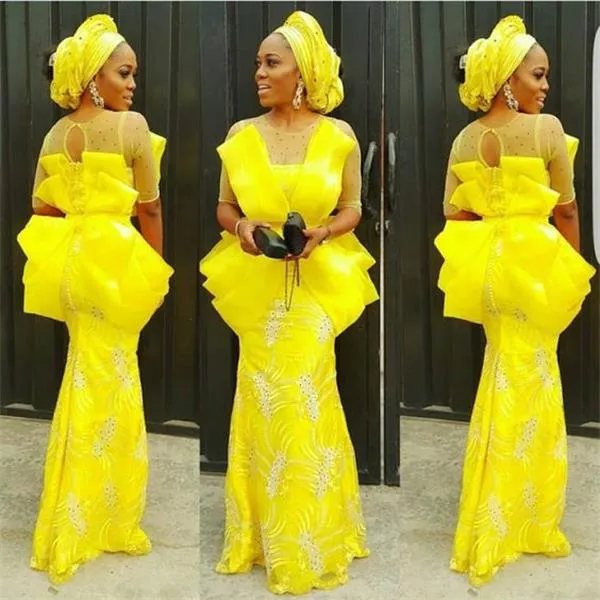 Aso Ebi Yellow Prom Dresses With Ruffles Mermaid Appliques Beadings Sheer Round Neck Evening Gowns