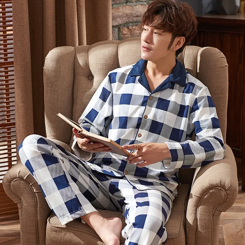 Mens Linen Pajamas, 100% Cotton Long Sleeve Plaid Flannel Pajama