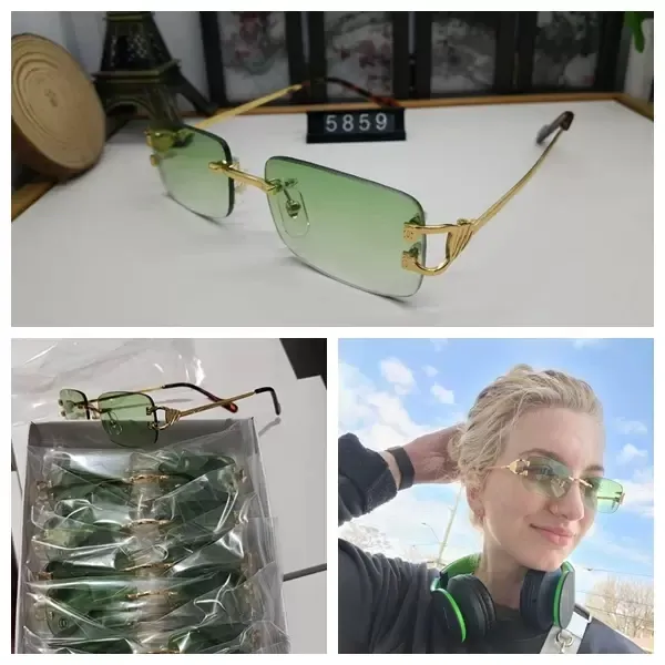 Mens Designer Sunglasses For Women Fashion Green Square Summer Style Gold Frameless Millionaire Carti Sun glasses Top Quality UV 400 Eyeglasses With Case Lunettes
