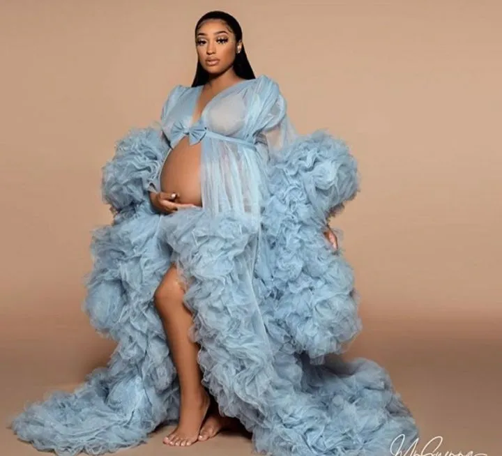 blue fluffy maternity dress Soft Tulle Ruffles Sexy Long Sleeve Slit Pleated Maternity Dress For Photoshoot 12 / N257