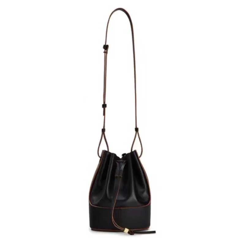 Fashion Women`s Balloon Leather Bucket Bags Drawstring Bag Designer One Shoulder Diagonal Bag Small Black