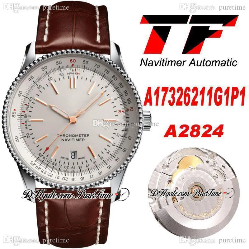 TF 41/38mm A17326211G1P1 ETA A2824 Automatic Mens Watch Steel Case White Stick Markers Dial Brown Leather White Line Super Edition Watches Puretime TF03b2