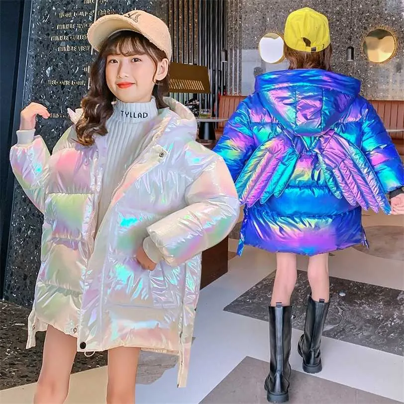 Veste d'hiver brillante pour filles à capuchon à capuche avec ailes d'angle arrière manteau chaud pour enfants 4-13 ans enfants adolescent coton Parkas vêtements d'extérieur 211222