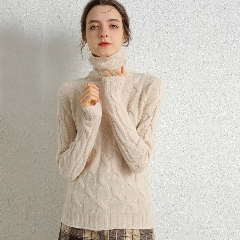 Inverno donna pullover maglione lavorato a maglia elasticità maglione casual moda dolcevita caldo femminile 100% lana merino maglione di cashmere 201130