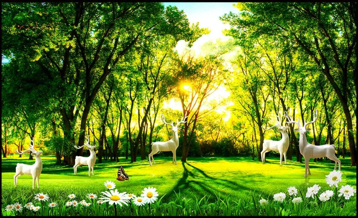 Individuelle Fototapeten für Wände 3D Wandtapete Cartoon Hirsch Wald natürliche Landschaft Hintergrund Baum Blumen Papiere Hintergrund Wand