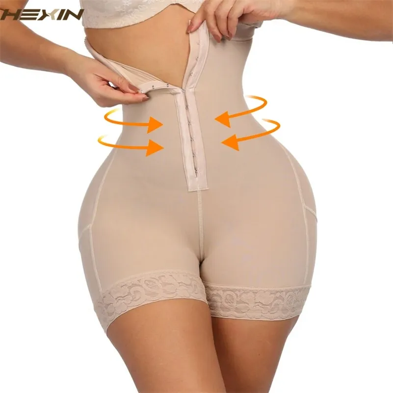 Hexin breasted spets butt lyftare hög midja tränare kropp shapewear kvinnor fajas bantning underkläder med mage kontroll trosor 201222