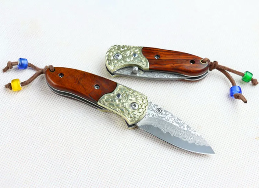 New Damascus Pocket Folding Knife VG10 Damascus Steel Blade Red Ebony + Brass Handle Gift Knives With Nylon Bag
