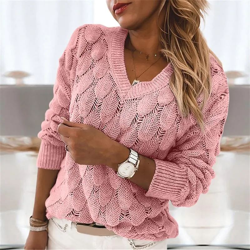 Women's Blouses & Shirts Elegant Knitting Blouse Women Autumn Sexy V-neck Solid Color Feather Hollow Out Sweater Tops Vintage Long Sleeves P