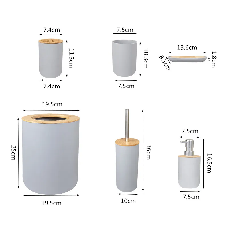 Set di accessori da bagno 6 pezzi Kit da bagno in bambù Portaspazzolino Dispenser di sapone Scopino per WC Cestino da bagno Set essenziale LJ201204