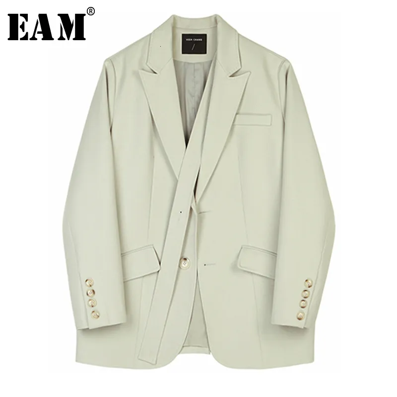 [EAM] Femmes Bandage Tempérament Épissé Blazer Nouveau Revers À Manches Longues Lâche Fit Veste De Mode Marée Printemps Automne 1B767 201102