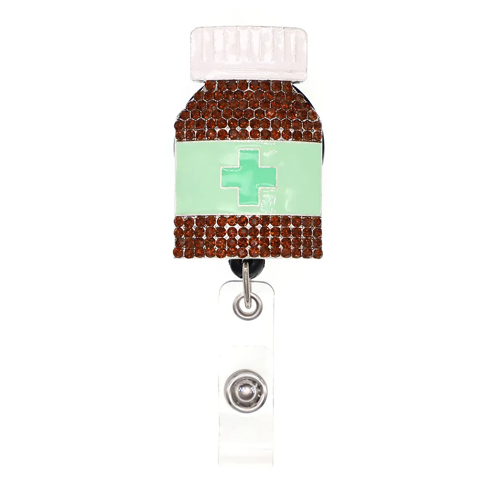 Fashion Nyckelringar Crystal Rhinestone Medical Rx Pharmacy Pill Medicine Botte Badge ID Holder Dractable Reel för dekoration267o