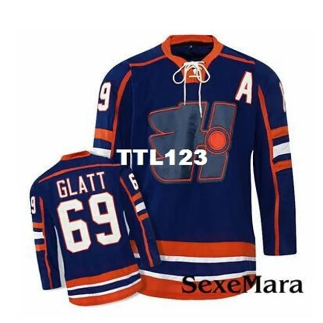 Mężczyźni gorąca wyprzedaż goon hockey koszulka # 69 Thug Glatt LaFlamme # Halifax Highlanders Goon Movie Blue Jersey High QUATY HAFTEY JERSEY