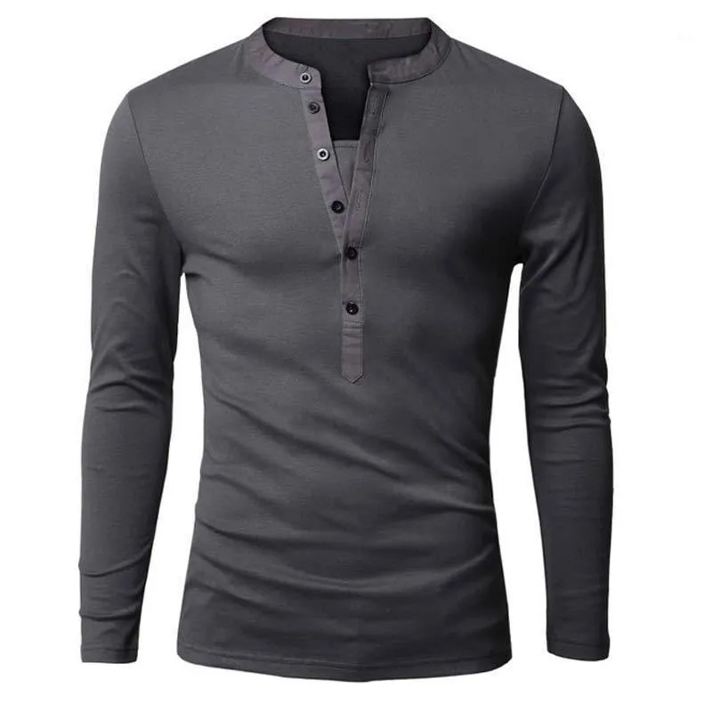도매 - 독특한 티셔츠 남성 싱글 브레스트 V 목 긴 소매 헨리 셔츠 유럽 패션 어두운 회색 티셔츠 남자 티셔츠 xxl1