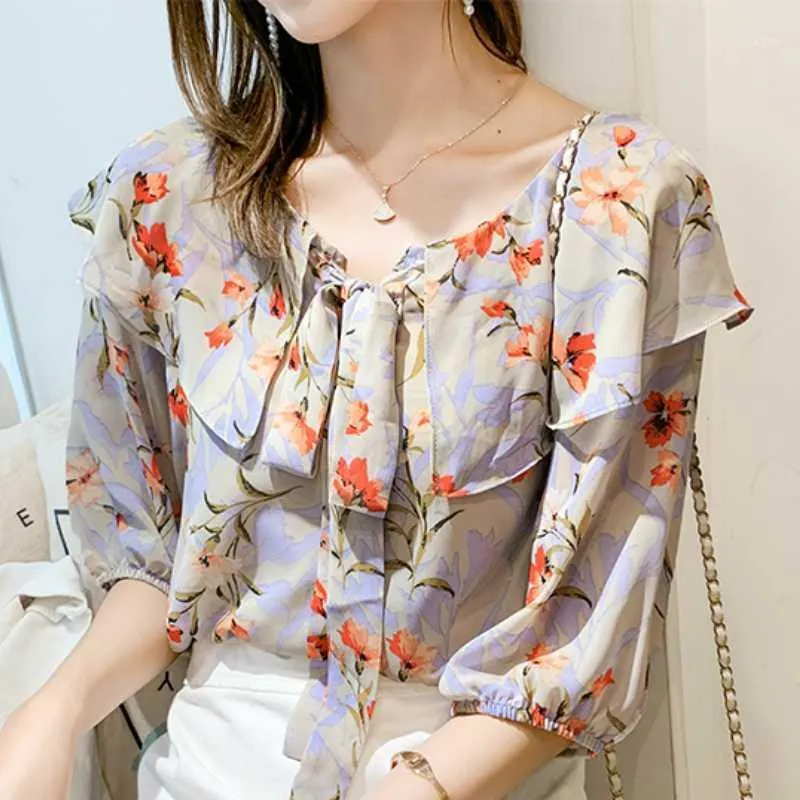 Women's Blouses & Shirts Blusas Mujer De Moda 2021 Short Sleeve Summer  Blouse Women V-neck Print Chiffon Shirt Womens Tops And C7861