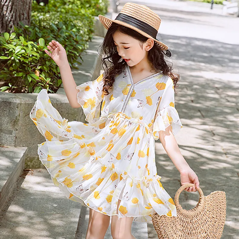 chiffon v-neck summer clothes for kids dresses ruffles girls dress print 2019 fashion short sleeve costume red yellow 4-9 years