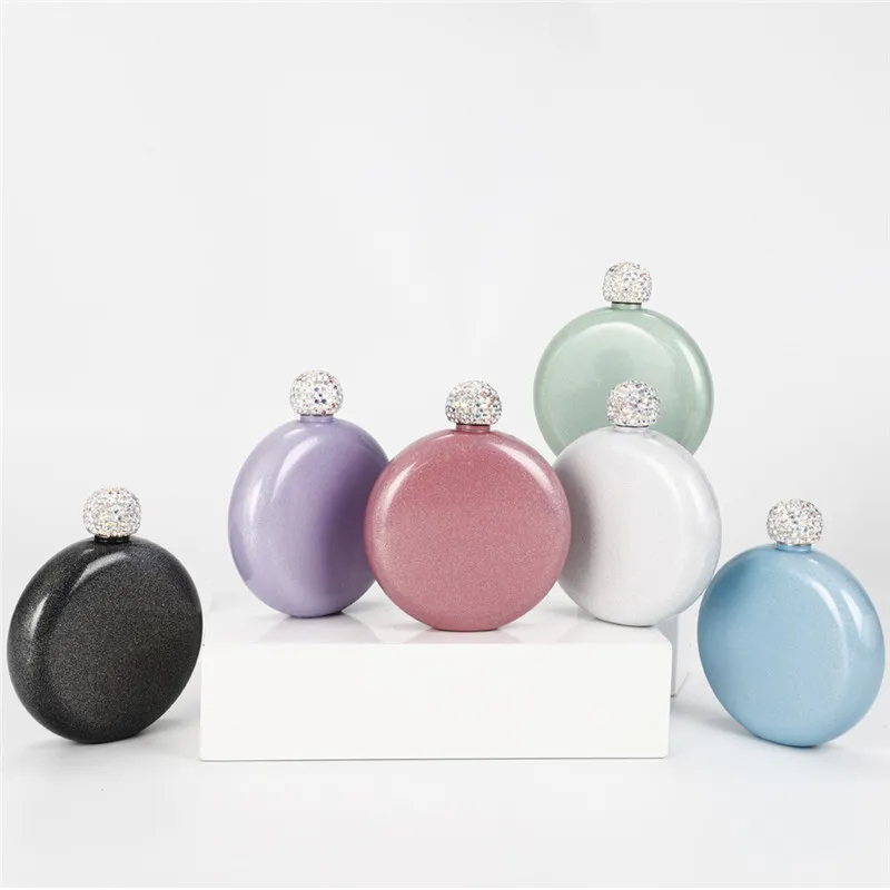 Portable round mini hip flask 304 stainless steel wine kettle crystal cover colorful ladies flagon Glitter Hip Flask sea shipping HHA2024