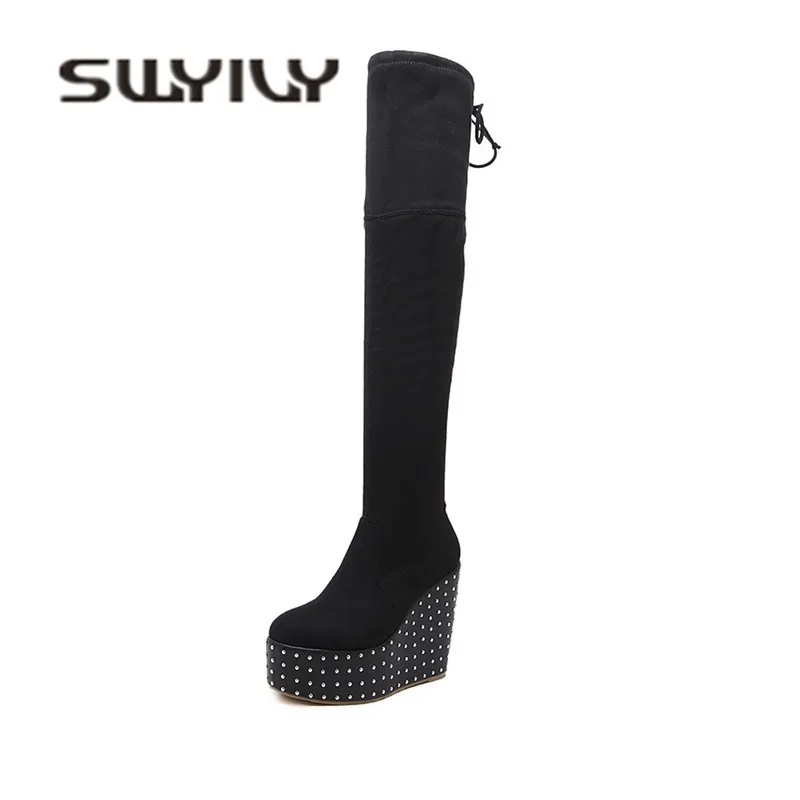 SWYIVY Tall Boots Shoes Woman Platform Rivet Lady Sexy Long Autumn Boots Female Fashion Over The Knee High Boots Wedge 40