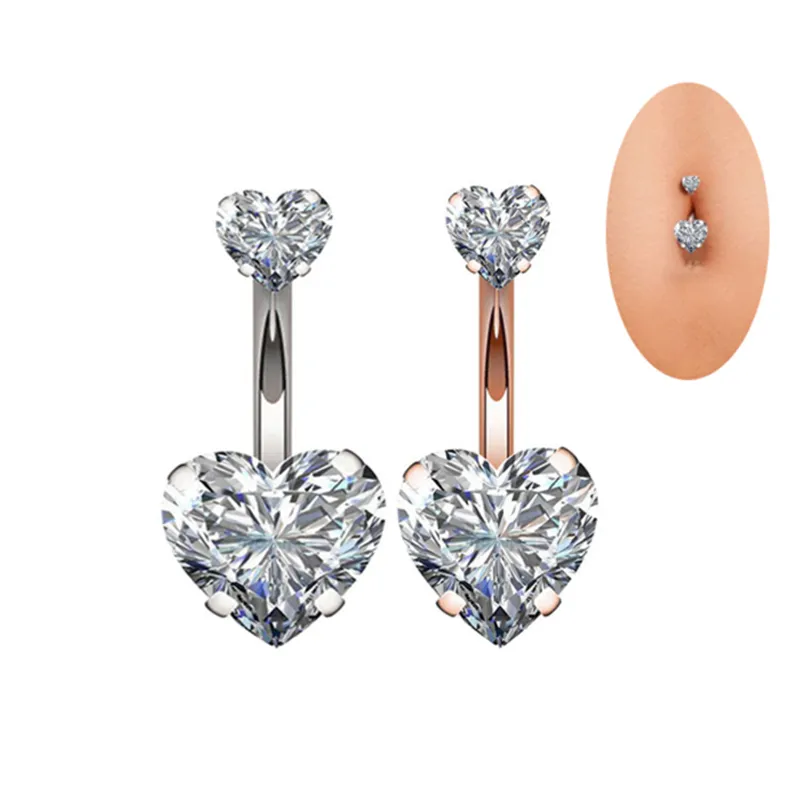 Double Heart CZ Belly Button Ring 316L Stainless Steel Zircon Diamond Navel Barbell Women Body Jewelry