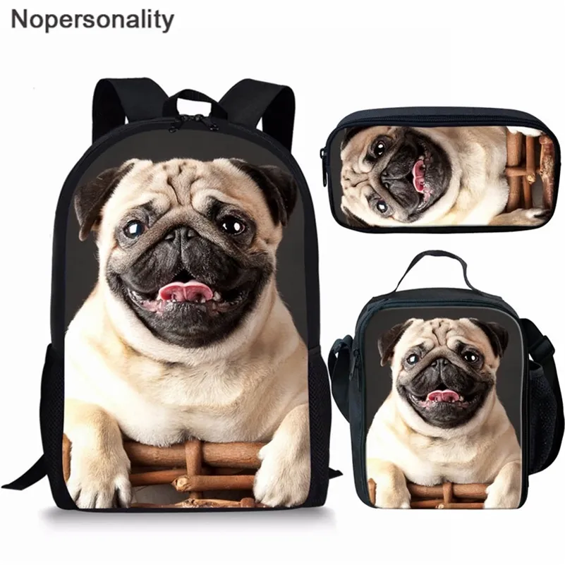 Nopersonalité adolescentes école sac à dos chiot carlin chien impression 3pcs sac à dos enfants enfants noir sac d'école femmes mochilas LJ201225